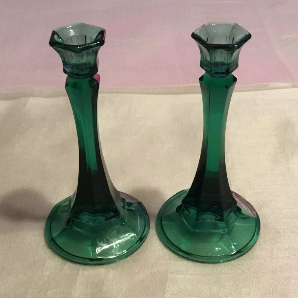 Lovely pair of greenish blue glass candle holders